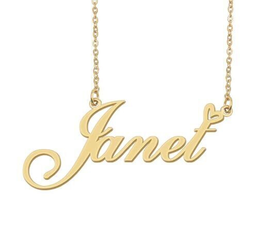2089 Janet Name Necklace Heart Charm Pendant 18k Gold Plated Stainless